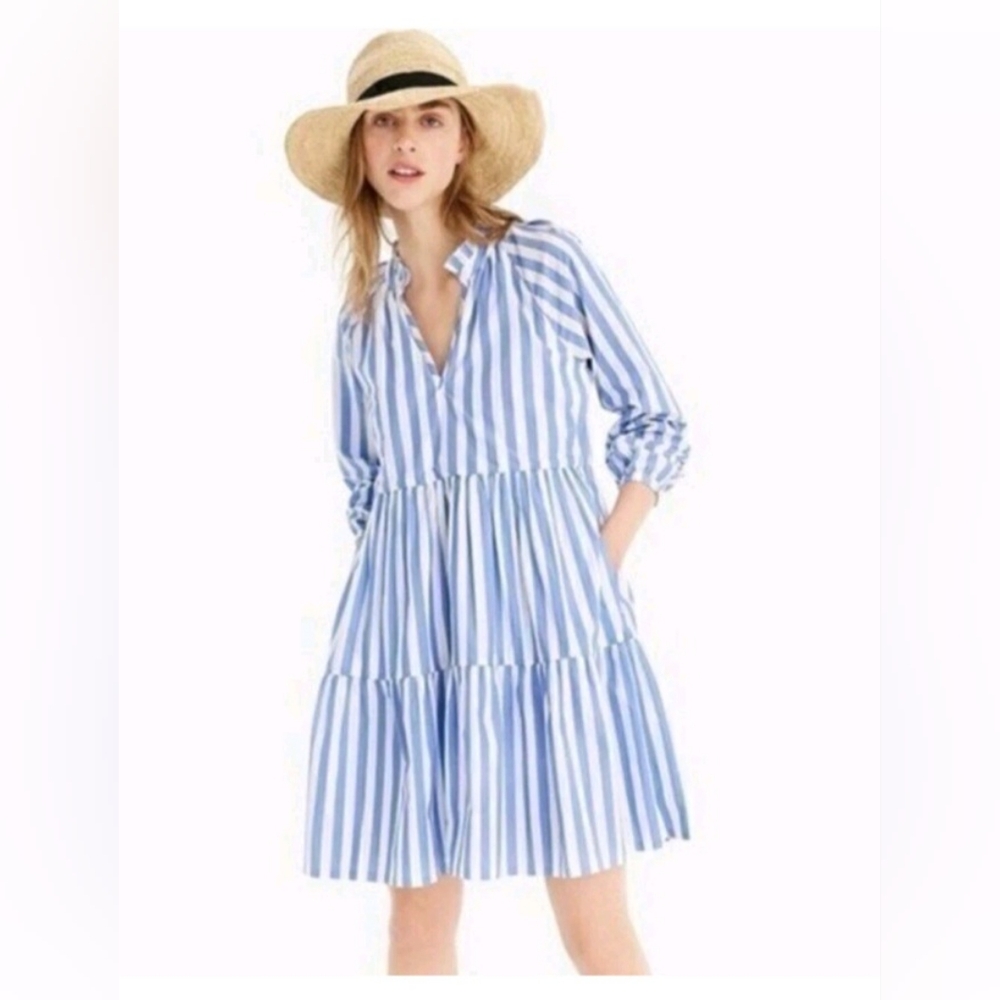 J Crew Tiered cotton poplin mini dress in Barrie stripe L
